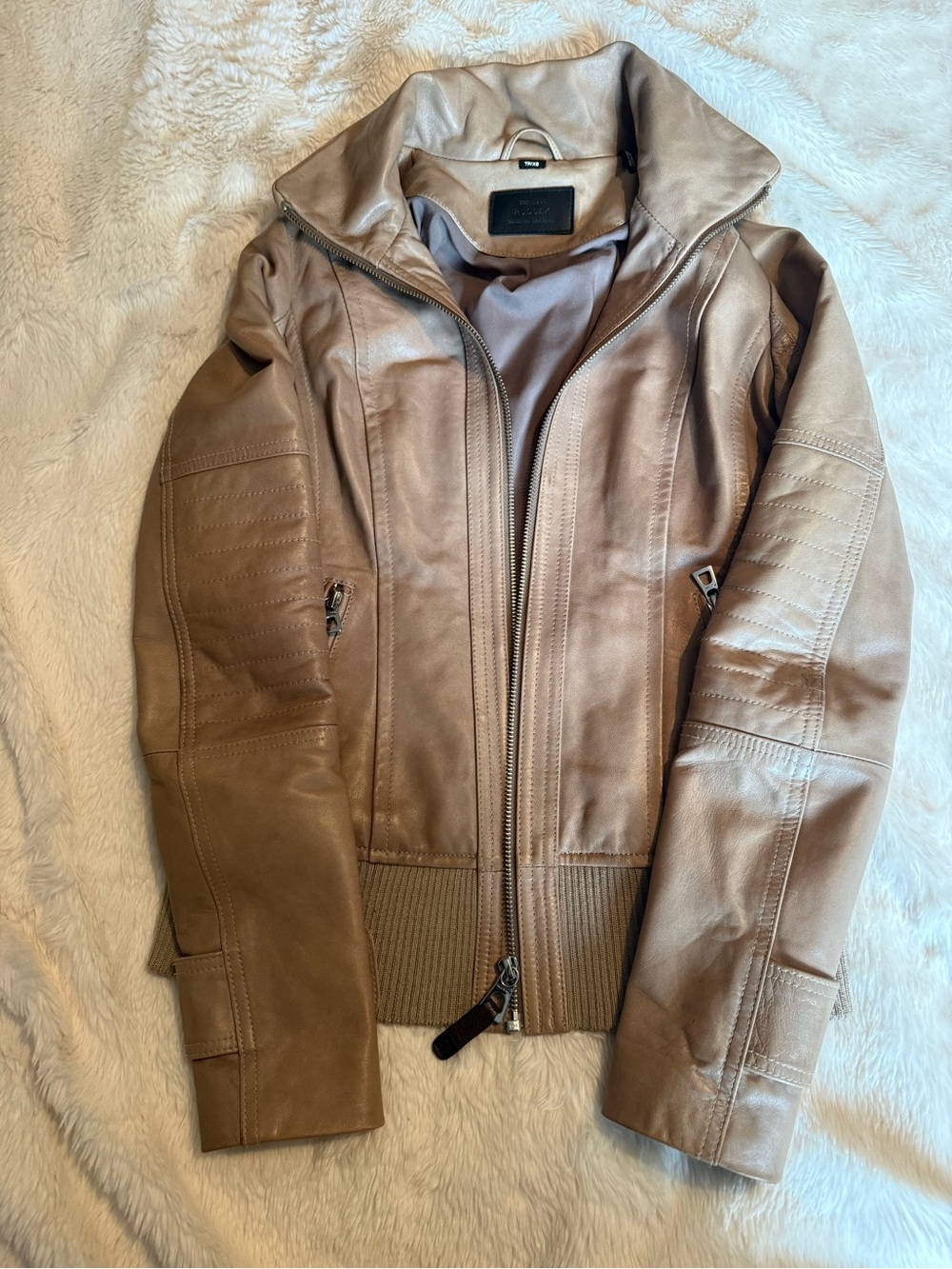 Slim RUDSAK Leather Bomber Jacket - Taupe/ Beige